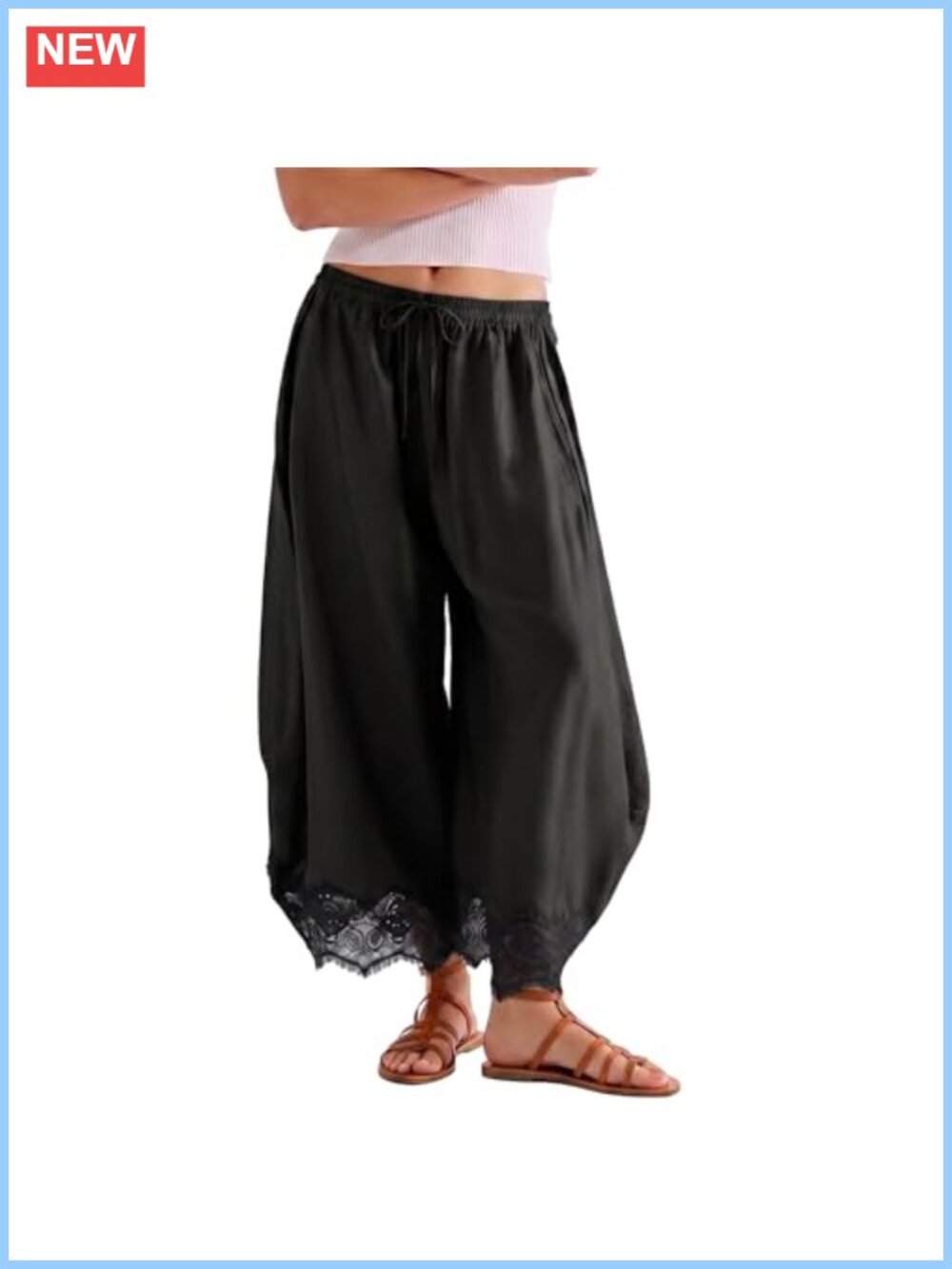 SeeLuNa Cropped Lace Hem Wide Leg Lounge Pants with Pockets